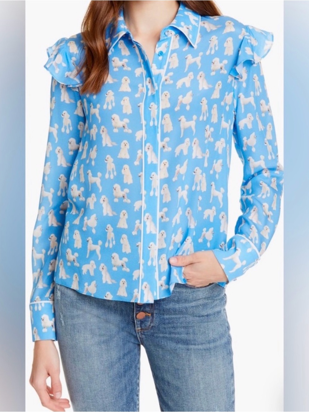 alice + olivia zimmer blouse blue white poodles xs 100% silk new york chic dogs